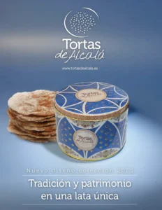 Banner publicitario de la colección 2025 de Tortas de Alcalá con el lema Tradición y patrimonio en una lata única